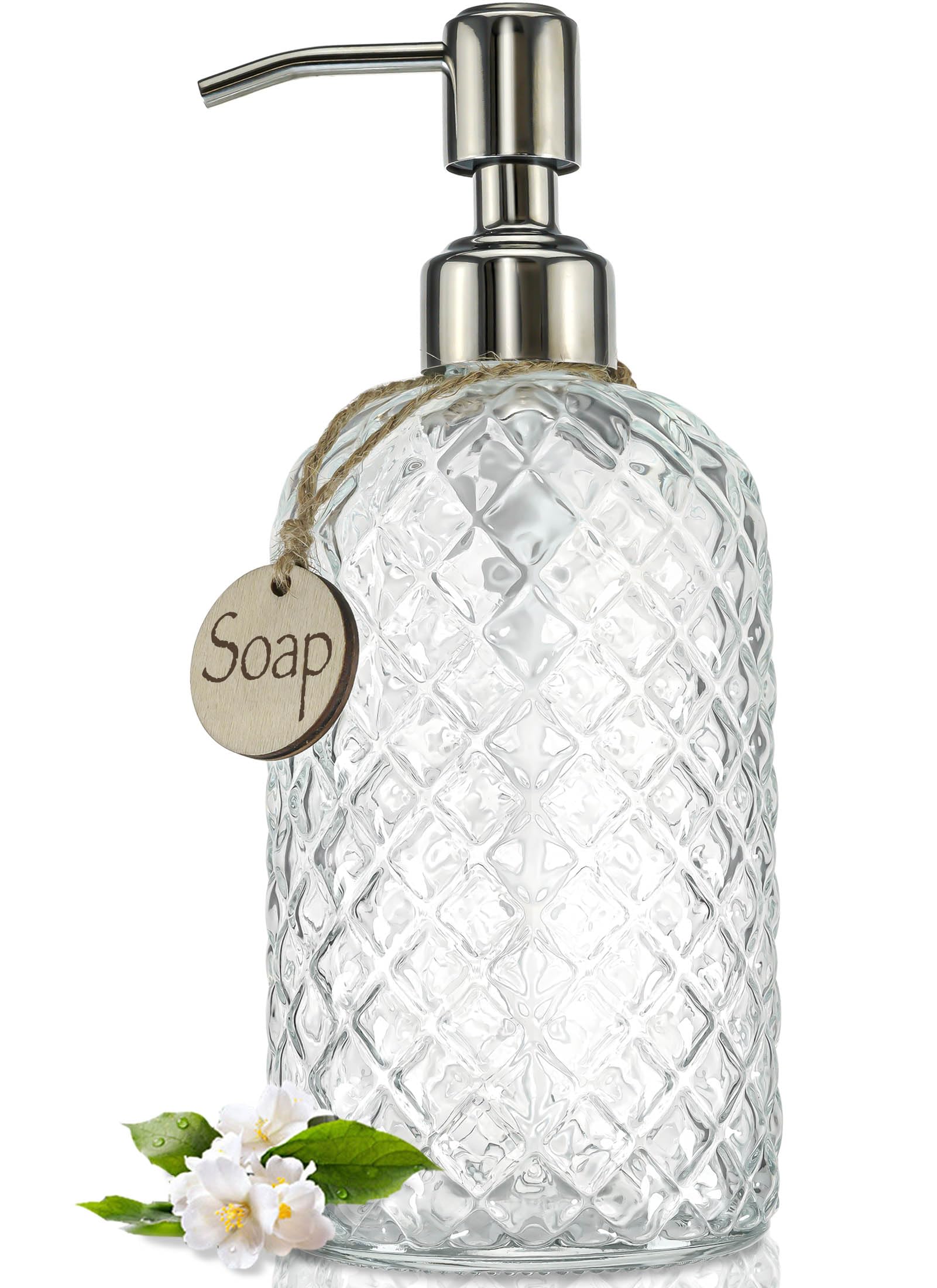 JASAI 18Oz Gem Patterned Clear Glass Soap Dispenser With Rust Proof Pump, Refillable for Kitchen and Bathroom, Premium for Dish Soap, Hand Soap,