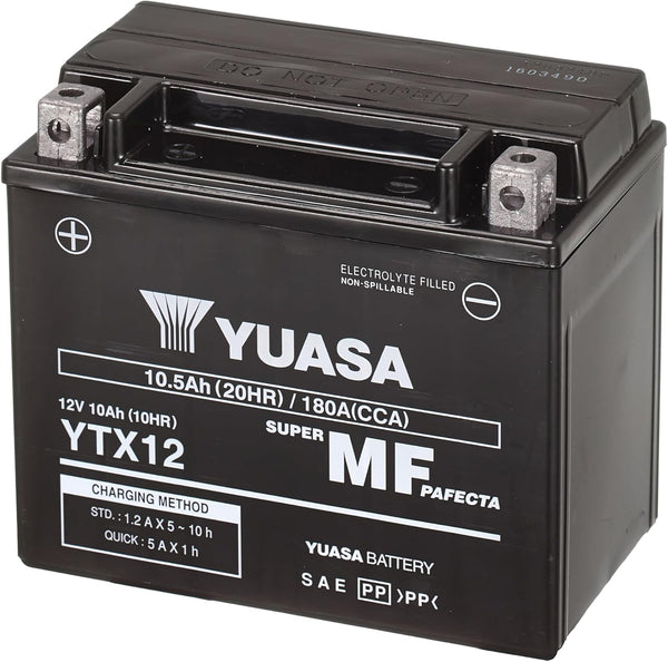 Yuasa YTX12 12V 180 CCA Maintenance Free VRLA AGM Motorbike Battery, Black