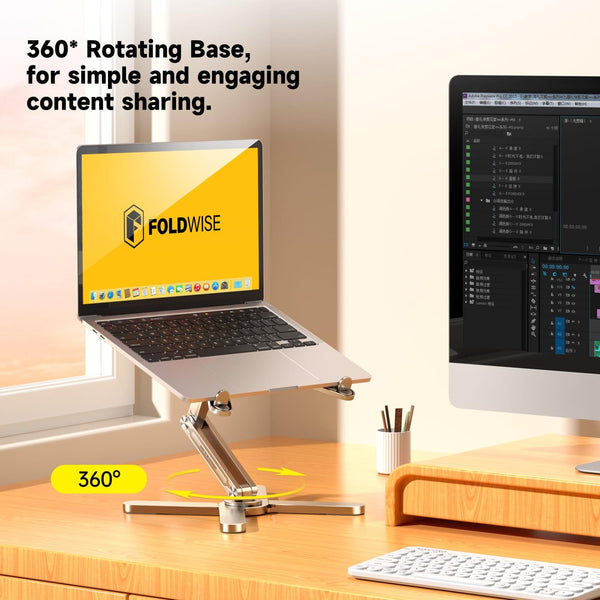 FoldWise X Laptop Stand for Desk - 100% Aluminum, 360 Rotating Base, Foldable, Adjustable Height & Angles Laptop Riser - Sturdy & Portable MacBook