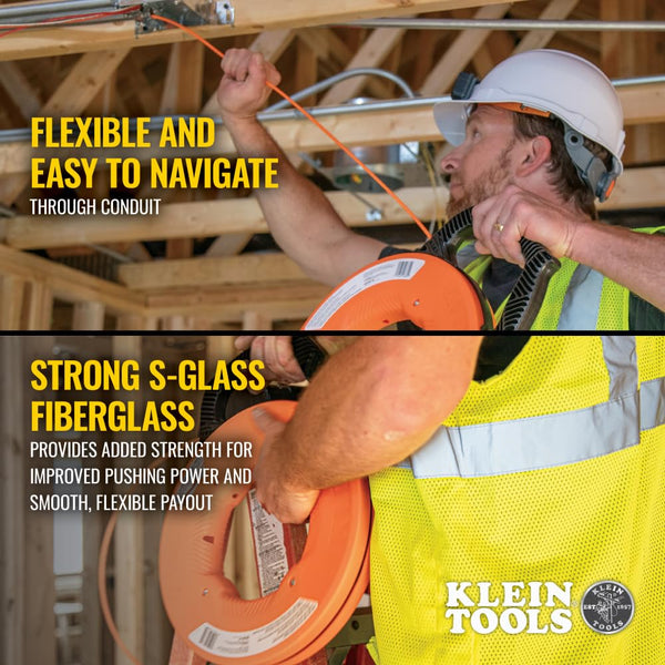 KLEIN TOOLS 56382 Fish Tape, Multi-Groove Fiberglass Wire Puller with Nylon Tip, Optimized Housing and Handle,Orange/Black, 15 m