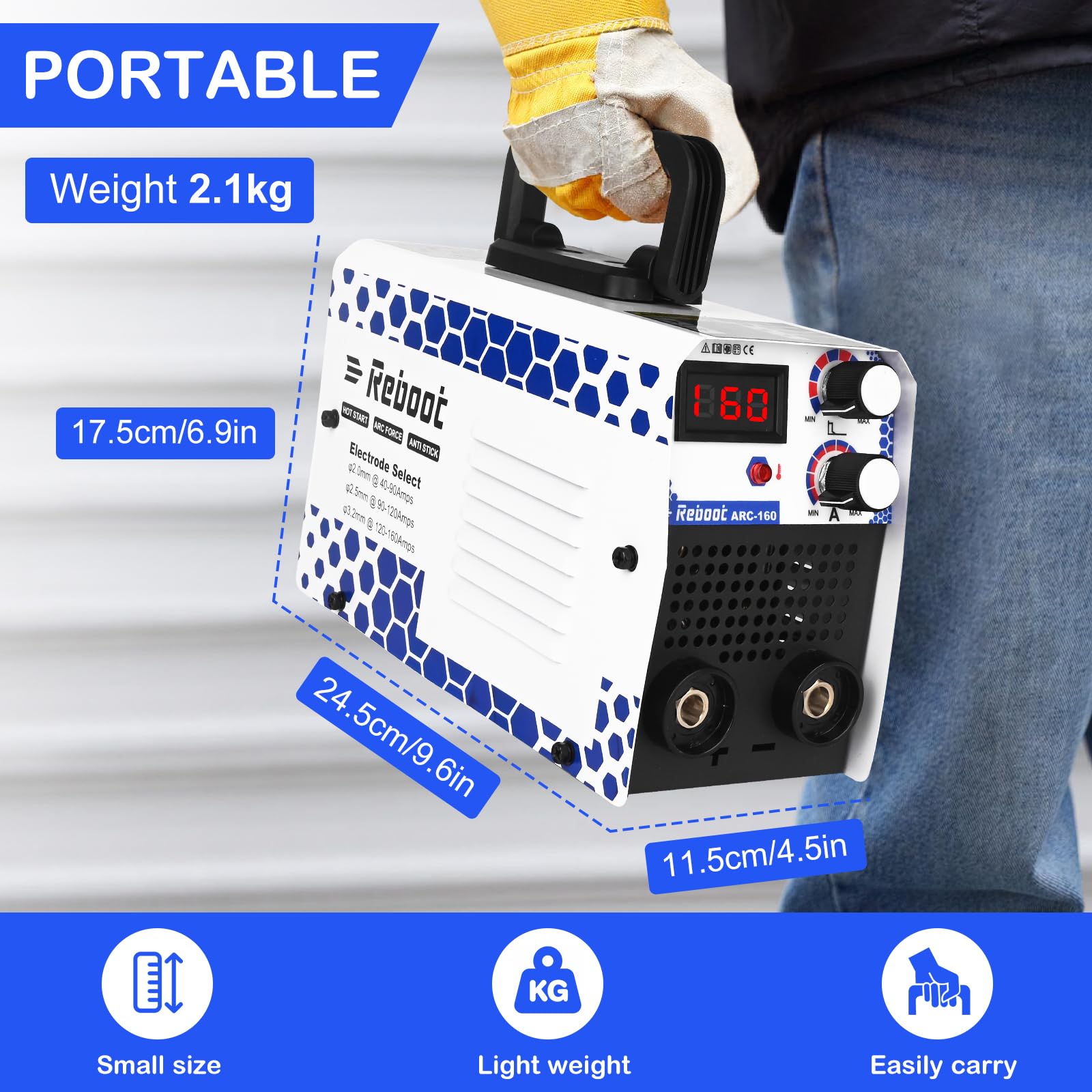 Reboot Arc Stick/MMA 2 in 1 Welder,160Amp 220V Portable Mini Welding Machine IGBT Digital Display LCD Hot Start Arc Force Anti-Stick for DIY Enthusiasts & Professionals