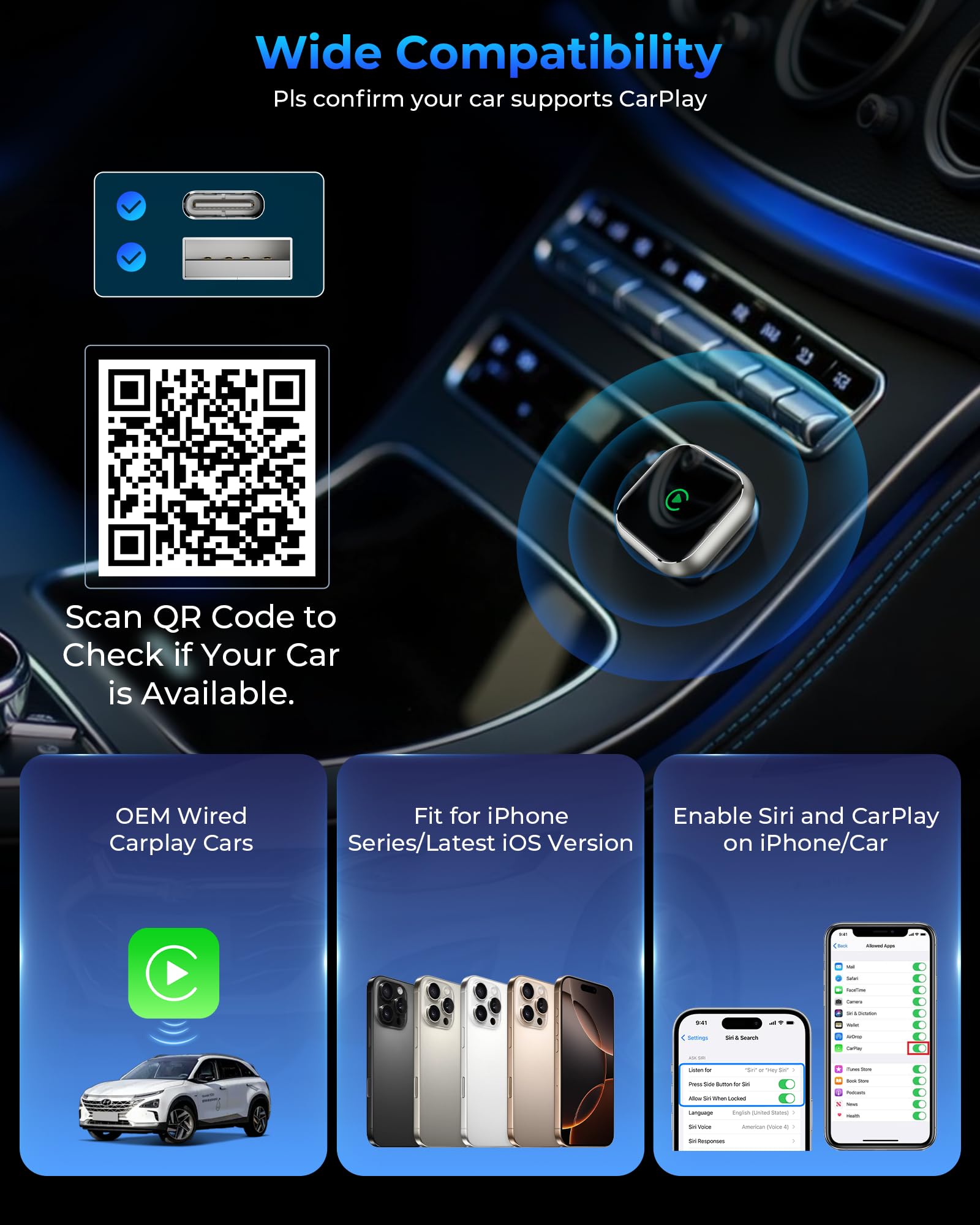 Wireless CarPlay Adapter for APPLE iPhone - Upgrade Wired CarPlay to Wireless Device, Mini T-shaped for Cars USB Plug and Play Auto Reconnect, for Portable Car GPS Navigation Broadcast