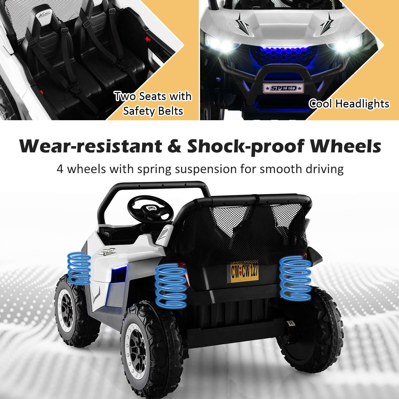 Kids Electric UTV, 2-Seater 12V Battery Powered Toy Car with Remote Control, Lights, Bluetooth, MP3, USB, FM, High/Low Speed & Suspension Spring, Children Ride on Car for 3-8 Years Old (Yellow)