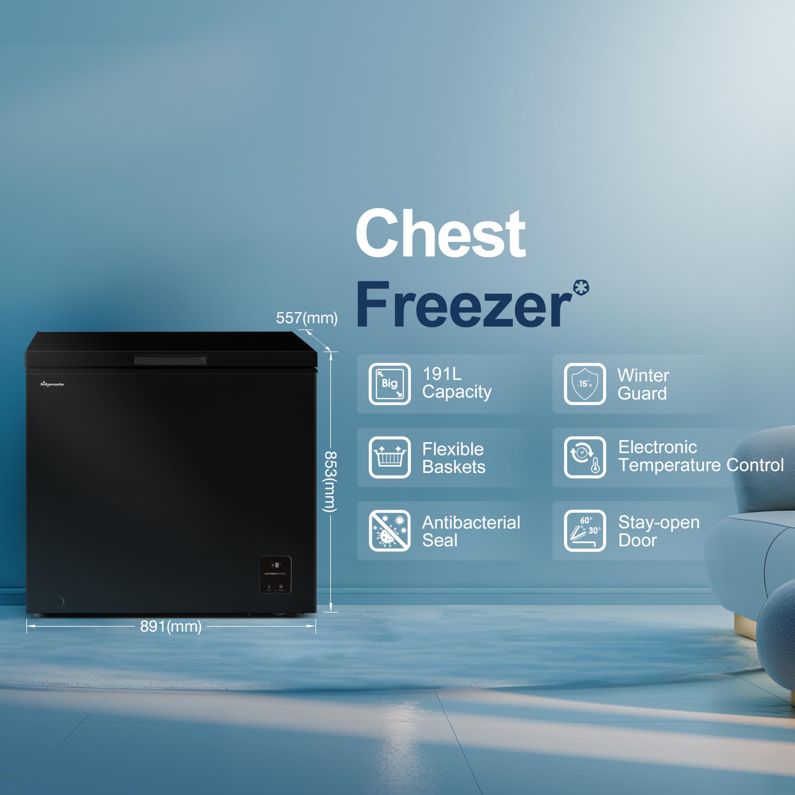 Fridgemaster MCF142EB 142L Chester Freezer 4 Star Freezer Rating - 55.9D x 62.5W x 85.4H cm Black with Recessed Handle - E Rated