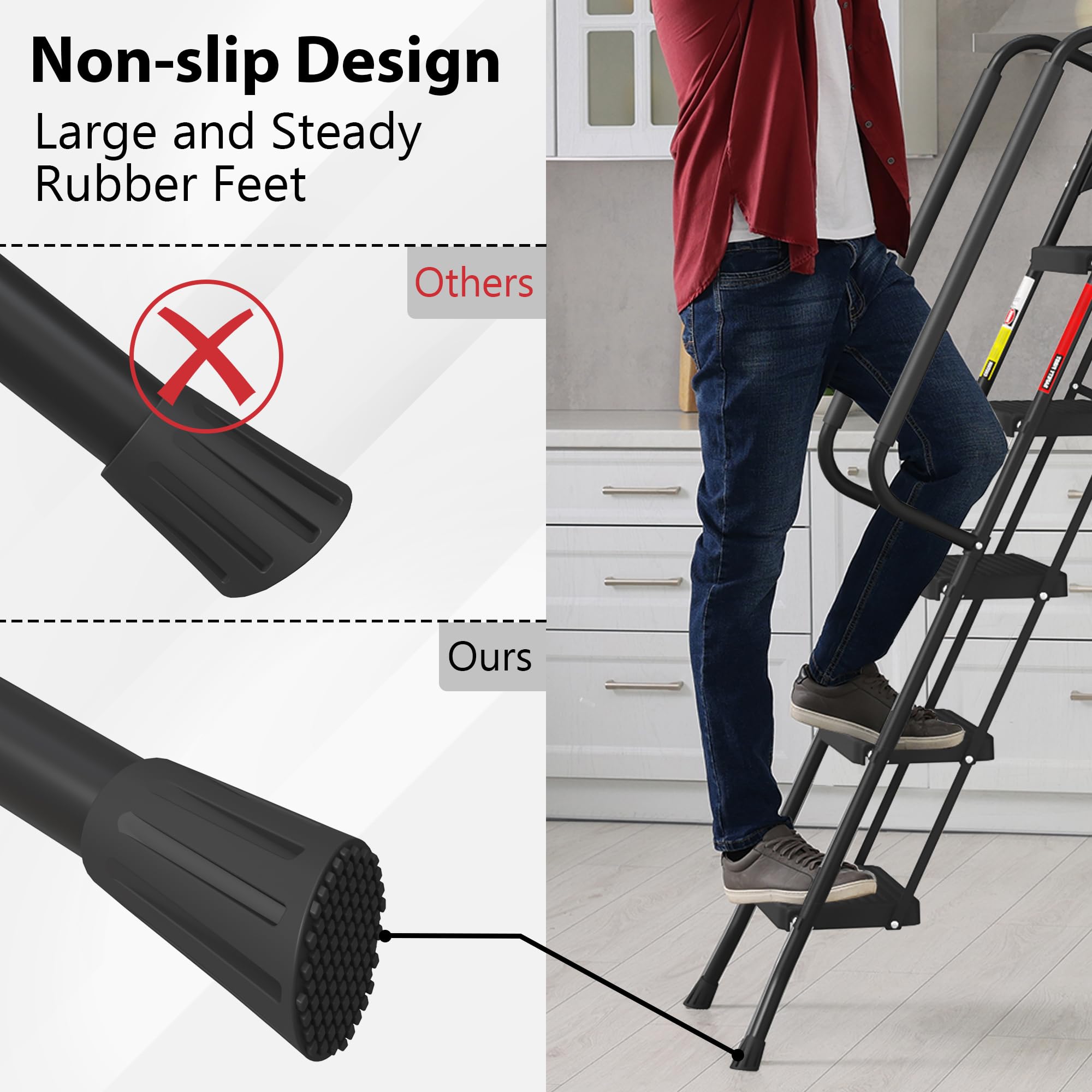 BONTEC 4 Step Ladder Folding, Heavy Duty Foldable Step Stool with Wide Anti-Slip Pedals, Sponge Handrail and Tool Tray, Portable Household Ladder 150kg Capacity, Compact Collapsible Indoor Ladder