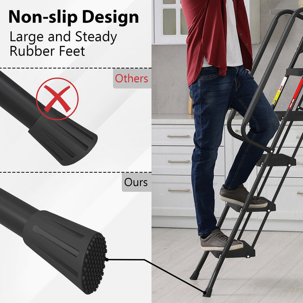 BONTEC 4 Step Ladder Folding, Heavy Duty Foldable Step Stool with Wide Anti-Slip Pedals, Sponge Handrail and Tool Tray, Portable Household Ladder 150kg Capacity, Compact Collapsible Indoor Ladder