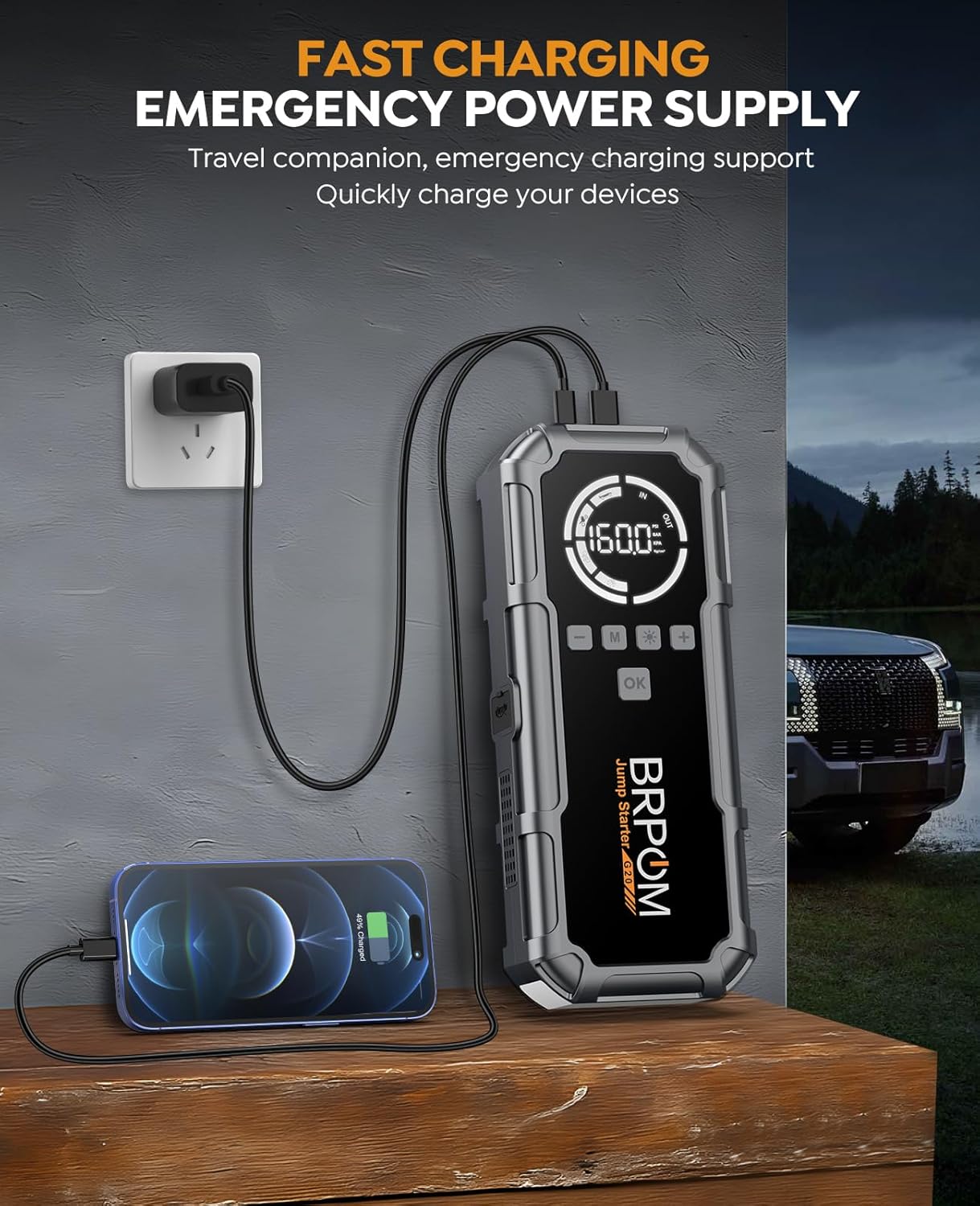 Jump Starter Power Pack with Air Compressor, BRPOM 8000A Portable Jump Starter 160PSI(All Petrol/12L Diesel), 12V Car Jumper Power Bank with Jump Clamps, LCD Screen, Emergency Light