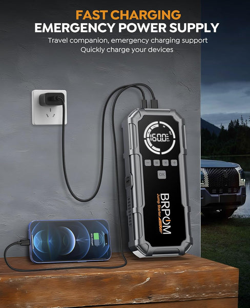 Jump Starter Power Pack with Air Compressor, BRPOM 8000A Portable Jump Starter 160PSI(All Petrol/12L Diesel), 12V Car Jumper Power Bank with Jump Clamps, LCD Screen, Emergency Light