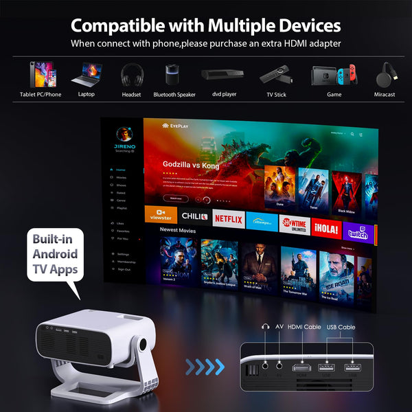 Wielio 2025 New Smart Projector Built-in Apps, Native 1080P 4K Supported, WiFi 6 & Bluetooth 5.2, Low Fan Noise (<30dB), 120° Adjustable Stand, Auto Keystone Home Cinema Projector for iOS/Android/PS5