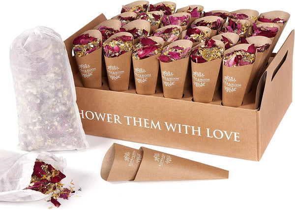 Flora & Bloom Biodegradable Confetti Kit 24 Guests (3 Litres, 160 Grams) PreBuilt Confetti Cones | Dried Confetti Petals | Wedding Confetti | Pop Open