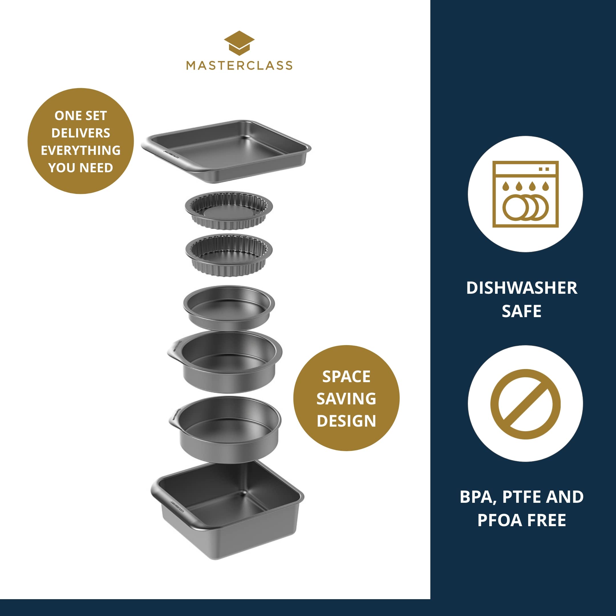 MasterClass Smart Space Non Stick Bakeware/Baking Set, Carbon steel, Grey, 7 Pieces