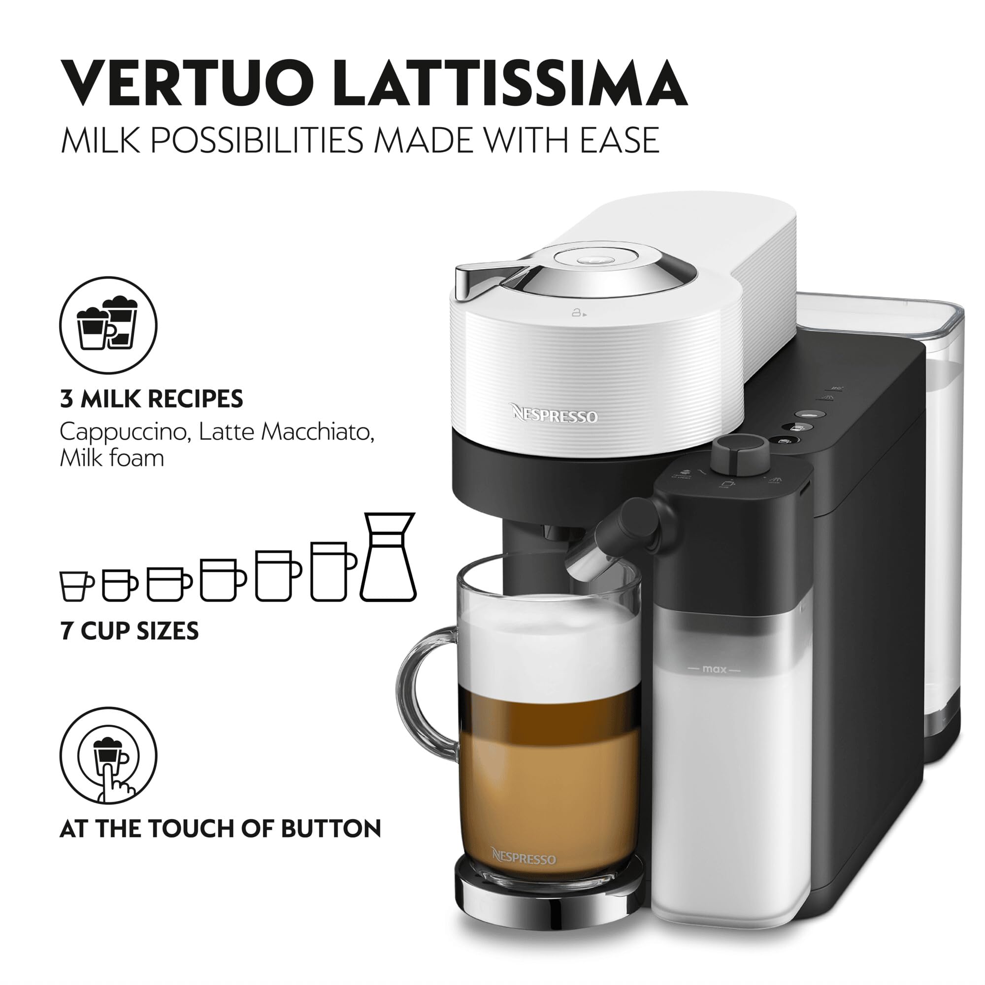 Nespresso Vertuo Lattissima Coffee Machine by De'Longhi for Vertuo Coffee Pods, Latte, Cappuccino, Integrated Milk Frother, Starter Capsule Set Included, ENV300.B, Black