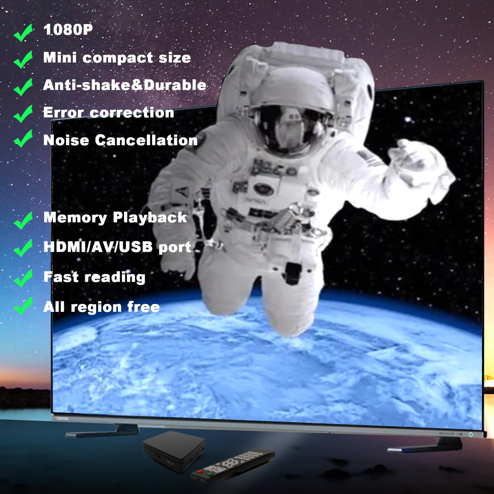 Mini DVD Player, DVD/CD Player for TV, All Region Free 1080P HD with RCA/HDMI Cables, Remote Control, Breakpoint Memory, Built-in PAL/NTSC, USB Input