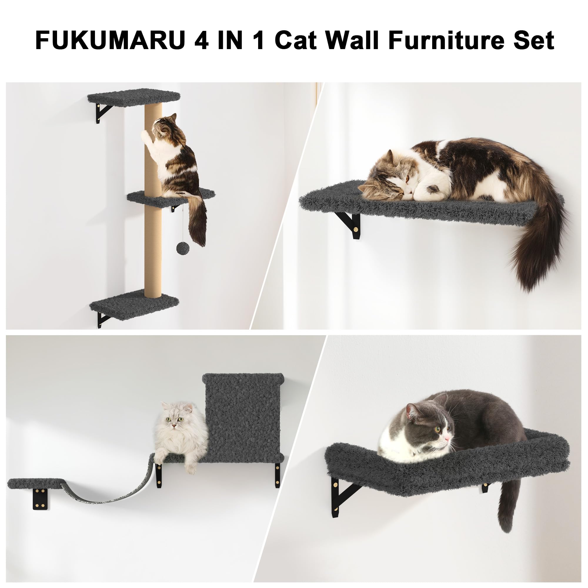FUKUMARU Cat Wall Shelves, Stable & Safe 4 in 1 Large Cat Wall Furniture Set, Wooden Cat Climbing Wall with Scratching Post for 16 Inch Drywall - Gray