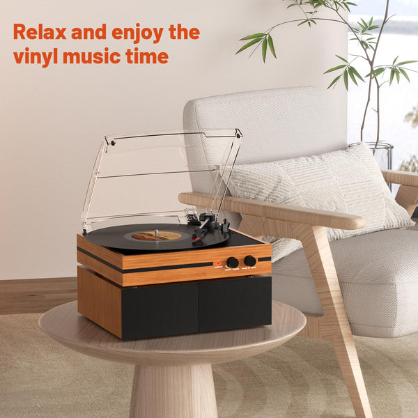 Retro Vinyl Record Player Bluetooth Desktop Phonograph Belt-Drive Turntable with External Speakers,Dual Stereo Speakers LP Players AUX Headphone Input RCA Out, 3 Speeds 3 Sizes Wood Brown