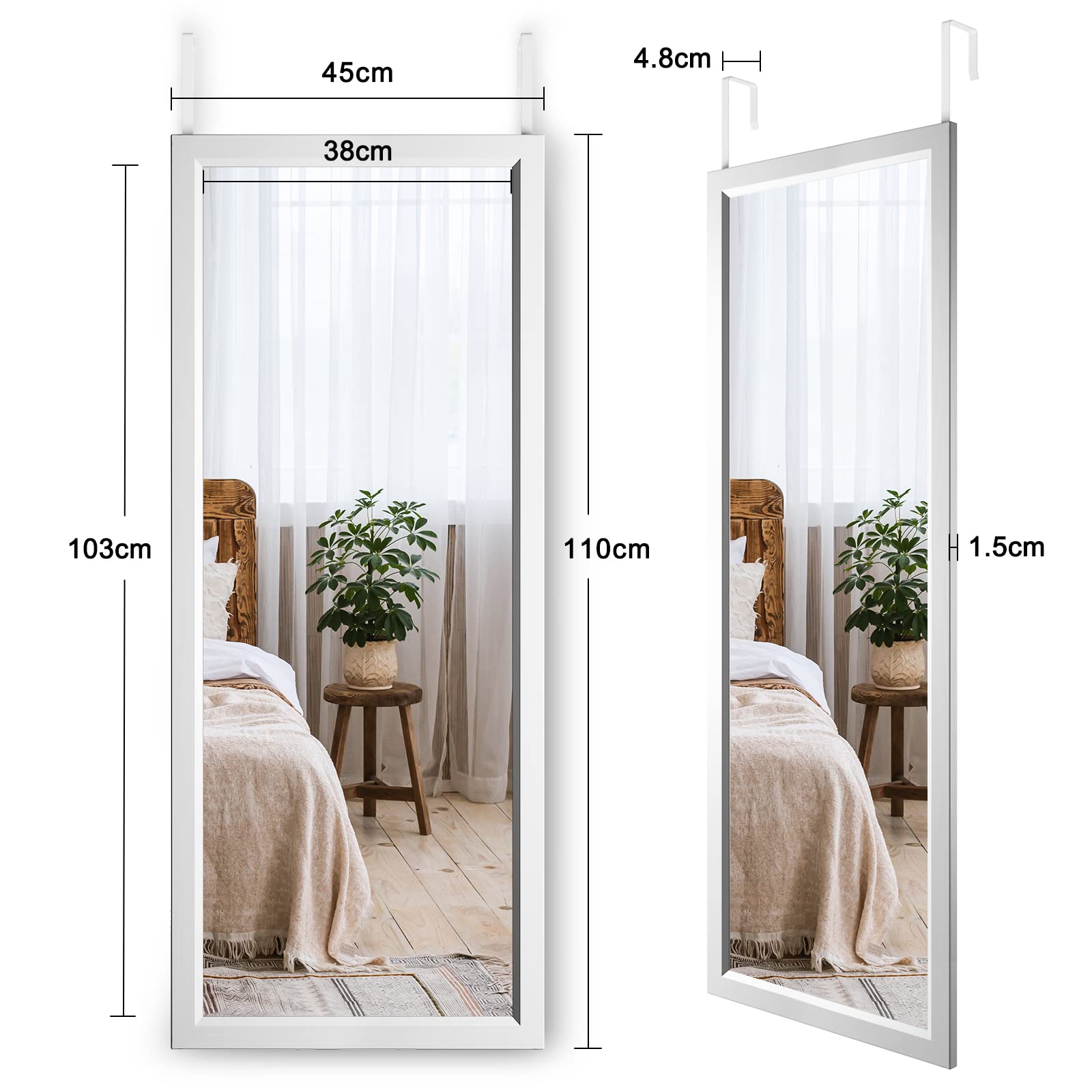 Dripex Over Door Mirror Full Length, 110 x 45cm Wall Mounted Mirror Door Hung Mirror for Bathroom/Bedroom/Wardrobe - Toughened Glass, Silver