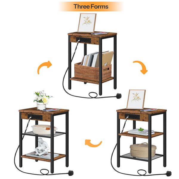 HOOBRO Side Table with Charging Station, Bedside Table with Charging Station, 2 Sockets and 2 USB Ports, Narrow Side Table, 3-Tier Bedside Table,