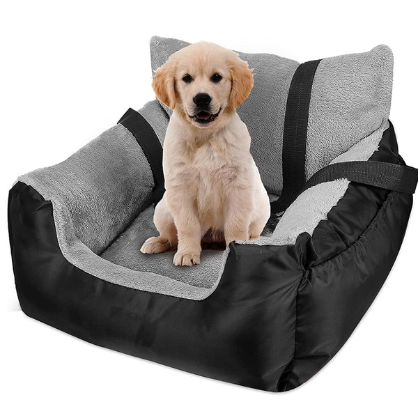 GoFirst Dog Car Seat for Small Dogs or Cats, Pet Booster Seat Travel Car Bed with Storage Pocket and Clip-On Safety Leash, Waterproof Warm Plush Dog Car Safety Seats,Black