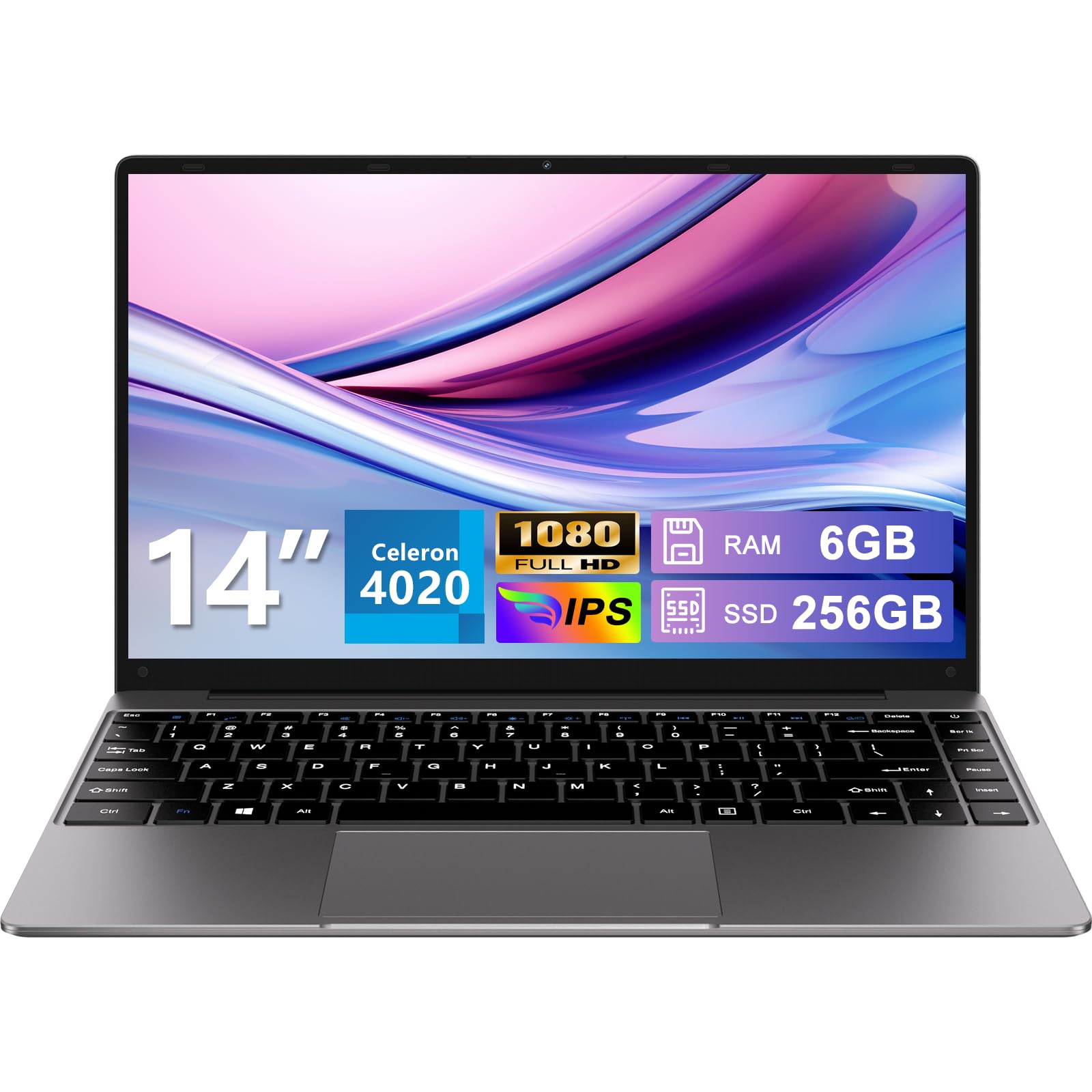HUQPPQ 14 Inch Laptop Celeron N4020 Processor 6GB RAM 256GB SSD WIN11 Laptops | FHD 1920×1080 IPS Display | WiFi 5, USB 3.0, Webcam | Ideal for Business, School & Work - Gray