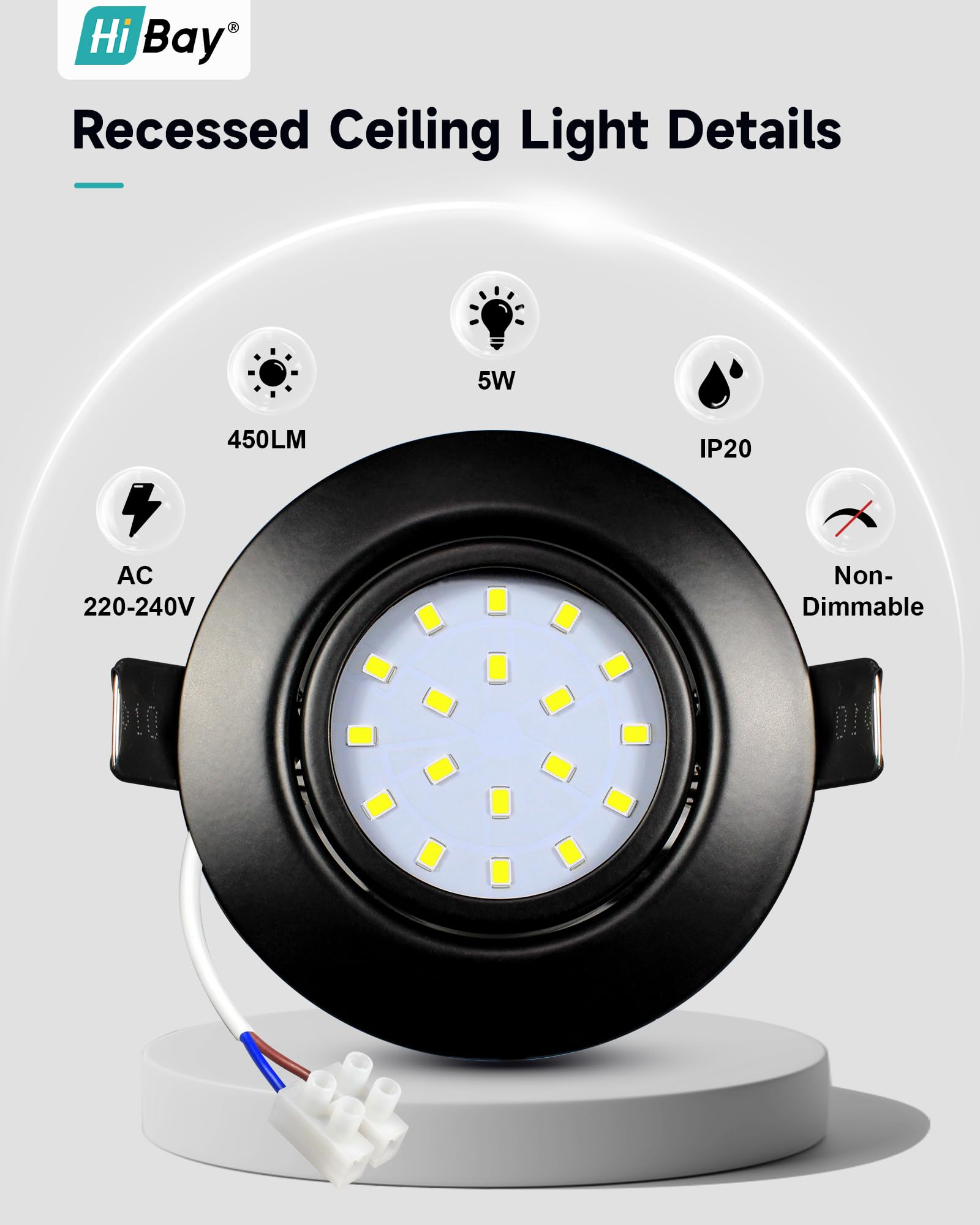 HiBay 8X Recessed Ceiling Lights 5w, 230V Ultra Slim recessed Led Spotlights Cool WhiteHole Size 72-80 mm, 40 Tilt Black Round Down Lights Indoor