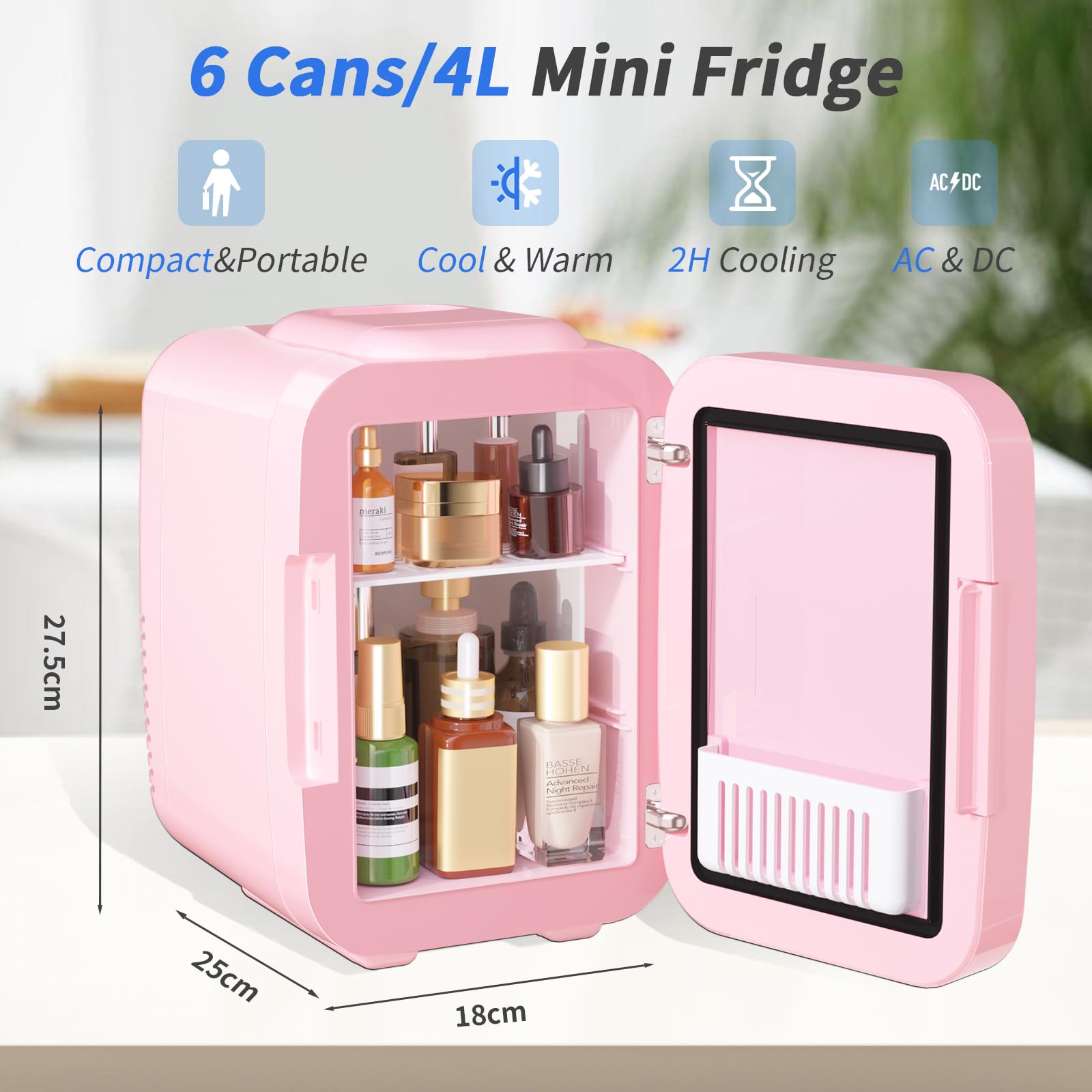 YASHE Mini Fridge for Bedroom, Skincare Fridge with LED Light Mirror, 4L Small Fridge Portable,220V AC/ 12V DC Thermoelectric Warmer & Cooler for Car Office Dorm(Blue)