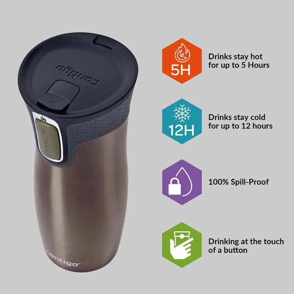 Contigo West Loop Autoseal Travel Mug, Stainless Steel Thermal Mug, Vacuum Flask, Leakproof Tumbler, Coffee Mug with BPA Easy-Clean Lid