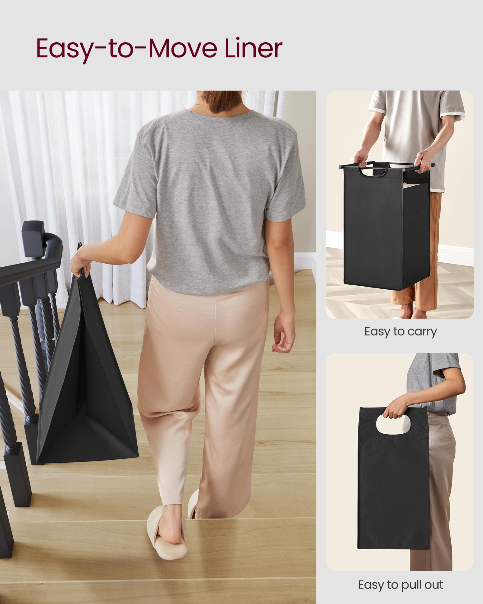 VASAGLE Laundry Basket, Laundry Hamper, Pull-Out and Removable Liner Bag, Shelf, Metal Frame, 65 L, 50 x 33 x 72 cm, Ink Black and Rustic Brown BLH101B01