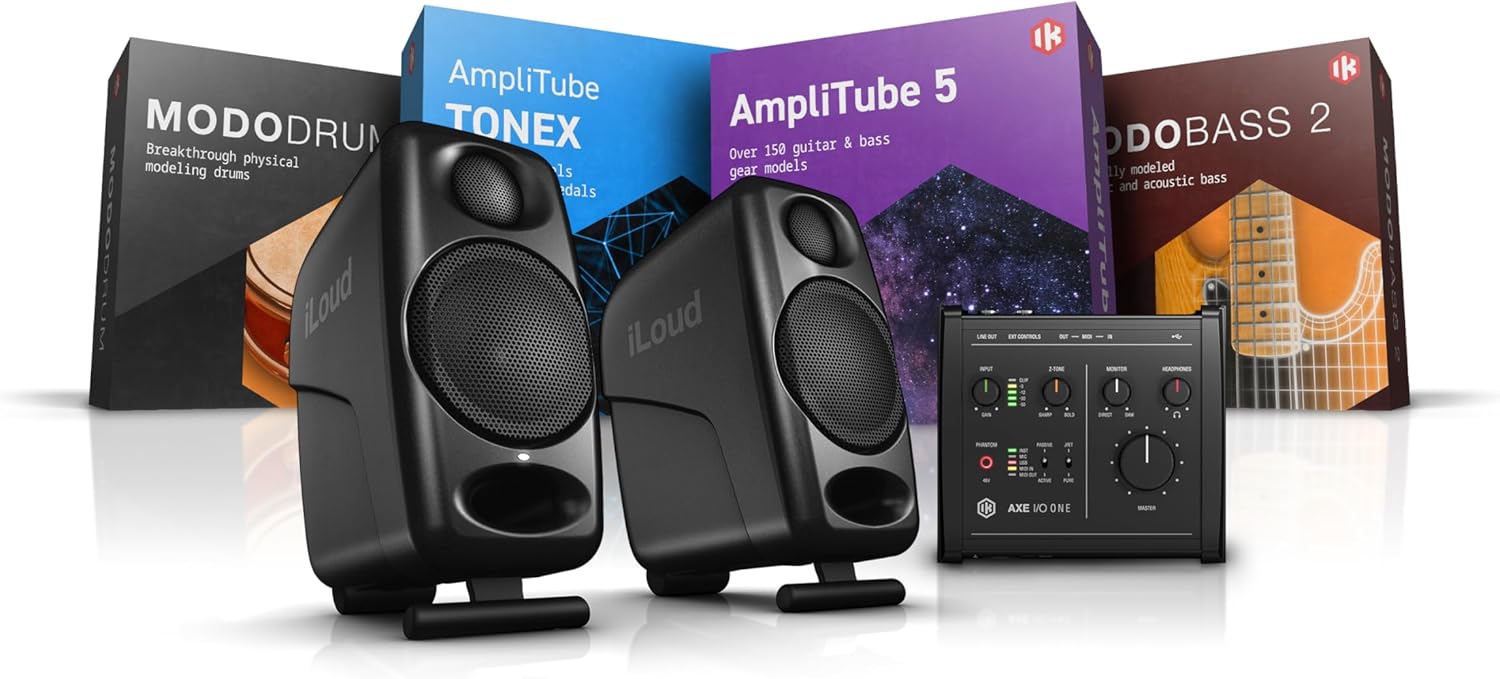 IK Multimedia - Portable Guitar Studio Bundle, Includes a pair of iLoud Micro Monitors, an AXE I/O ONE + downloads of AmpliTube 5 + TONEX + MODO BASS 2 + MODO DRUM 1.5