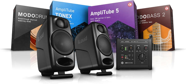 IK Multimedia - Portable Guitar Studio Bundle, Includes a pair of iLoud Micro Monitors, an AXE I/O ONE + downloads of AmpliTube 5 + TONEX + MODO BASS 2 + MODO DRUM 1.5