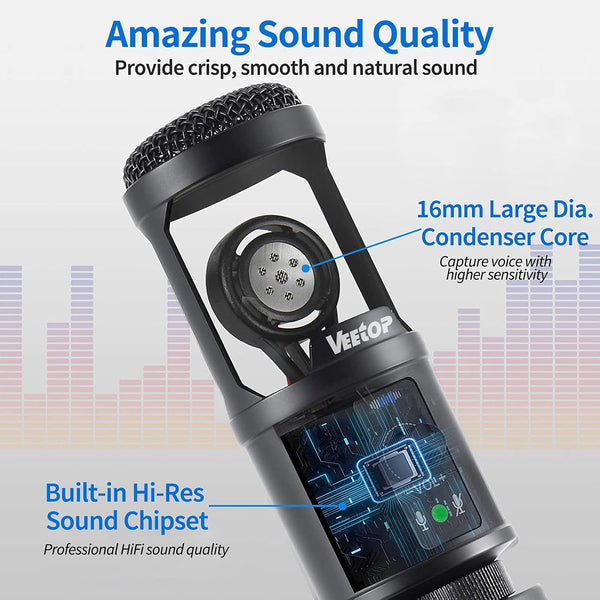 Veetop USB Microphone Metal Computer Condenser PC Mic for Gaming Podcasting Streaming Recording Voiceover YouTube Skype Twitch Zoom Cardioid with Tripod Compatible with Desktop Laptop Windows MacOS
