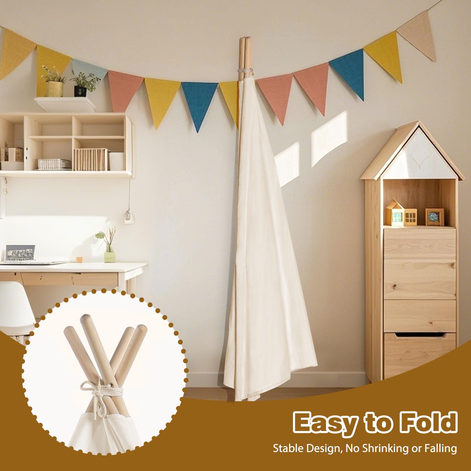 Wilwolfer Teepee Tent for Kids Foldable Children Play Tent for Girl and Boy with Carry Case 4 Poles White Canvas Playhouse Toy for Indoor and Outdoor Games