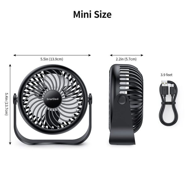 SMARTDEVIL Desk Fan, 3 Speeds Mini Desktop USB Desk Fan, 360° Adjustment Small Personal Table Fan for Home Office Car Outdoor Travel (Black)