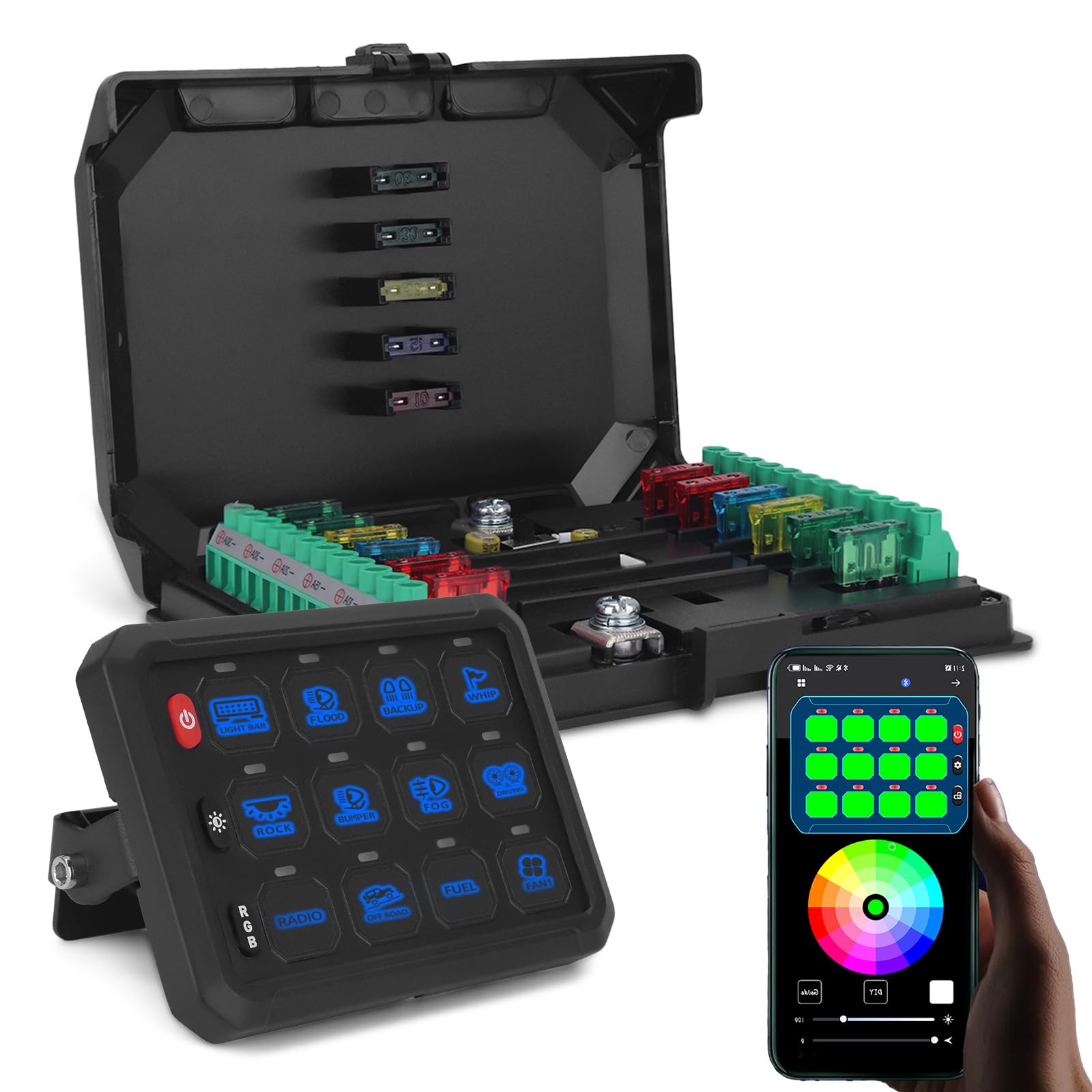 Chelhead RGB 6 Gang Switch Panel with APP Control, Universal Circuit Control Relay System, Multi-Function Bluetooth Remote Switch Panel, Compatible with Truck Boat SUV RV Trailer Marine ATV UTV