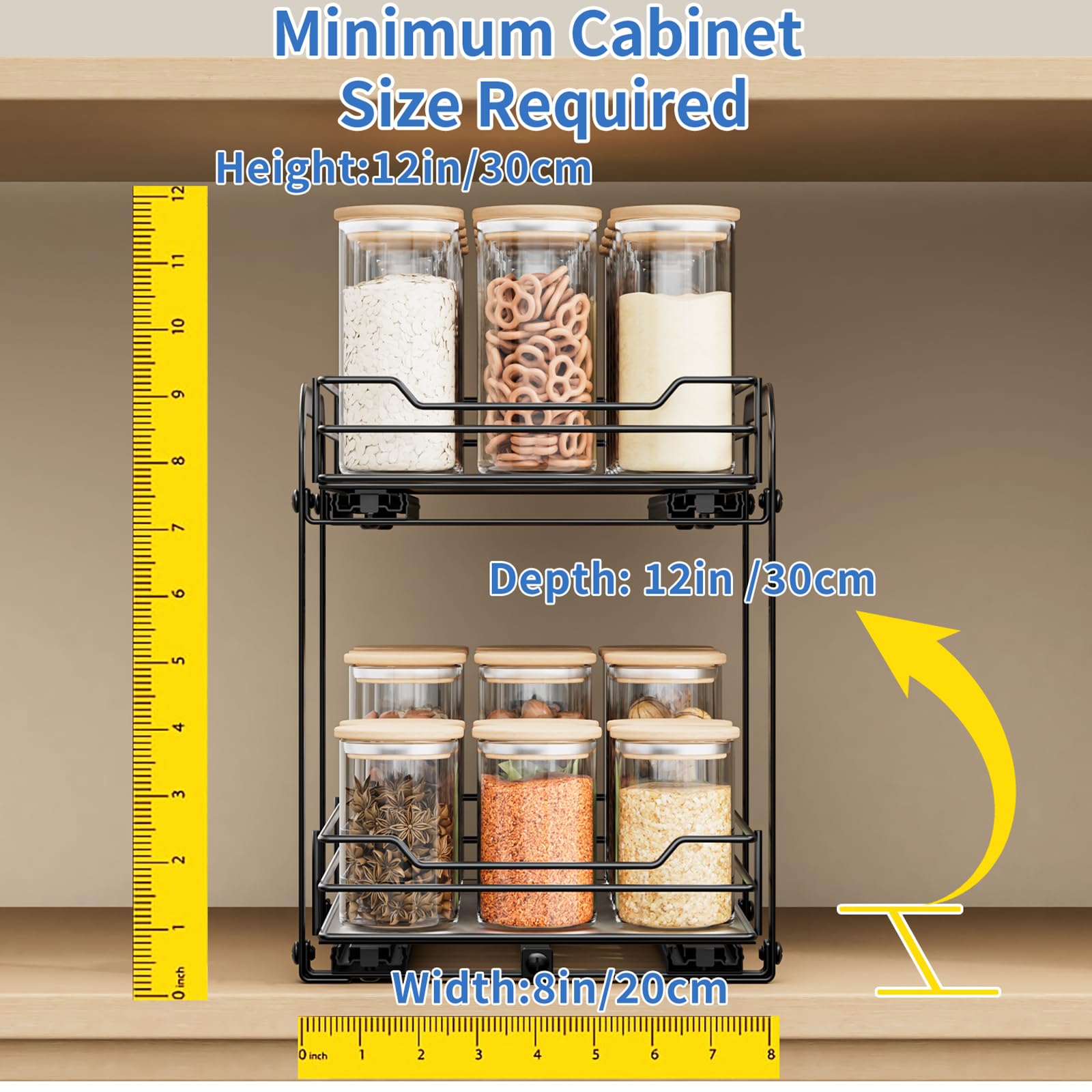 AIRUJIA Pull Out Cabinet Organizer Spice Racks, 2-Tier Spice Rack Height Adjustable, Cupboard Spice Rack, Kitchen Storage Shelf for Inside Cupboard,