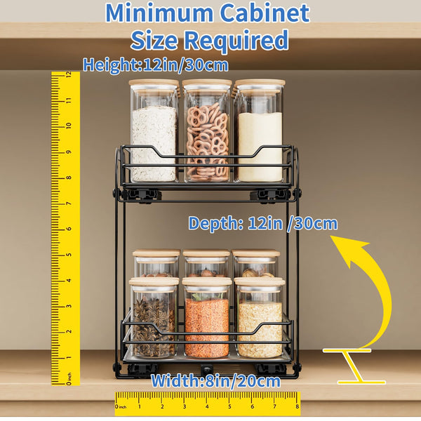 AIRUJIA Pull Out Cabinet Organizer Spice Racks, 2-Tier Spice Rack Height Adjustable, Cupboard Spice Rack, Kitchen Storage Shelf for Inside Cupboard,