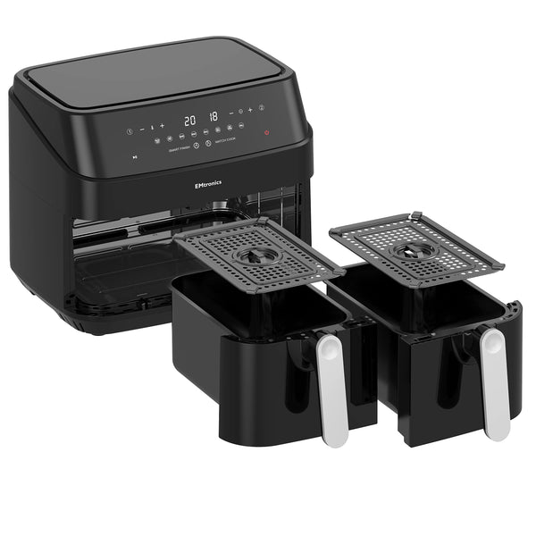 EMtronics EMAFDD9L Dual Air Fryer Extra Large Family Size Double XL 9 Litre with 8 Adjustable Pre-Set Menus for Oil Free & Low Fat Healthy Cooking,