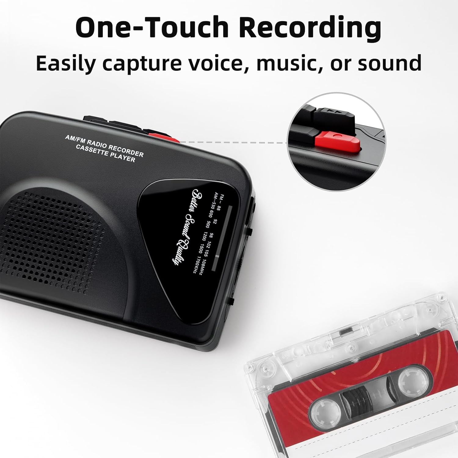 Walkmaner Cassette Player/Recorder, Am/FM Radio, Portable Cassette Player, Cassette Recording, Built-in Speakers, Manual Recording, T201 (Black)