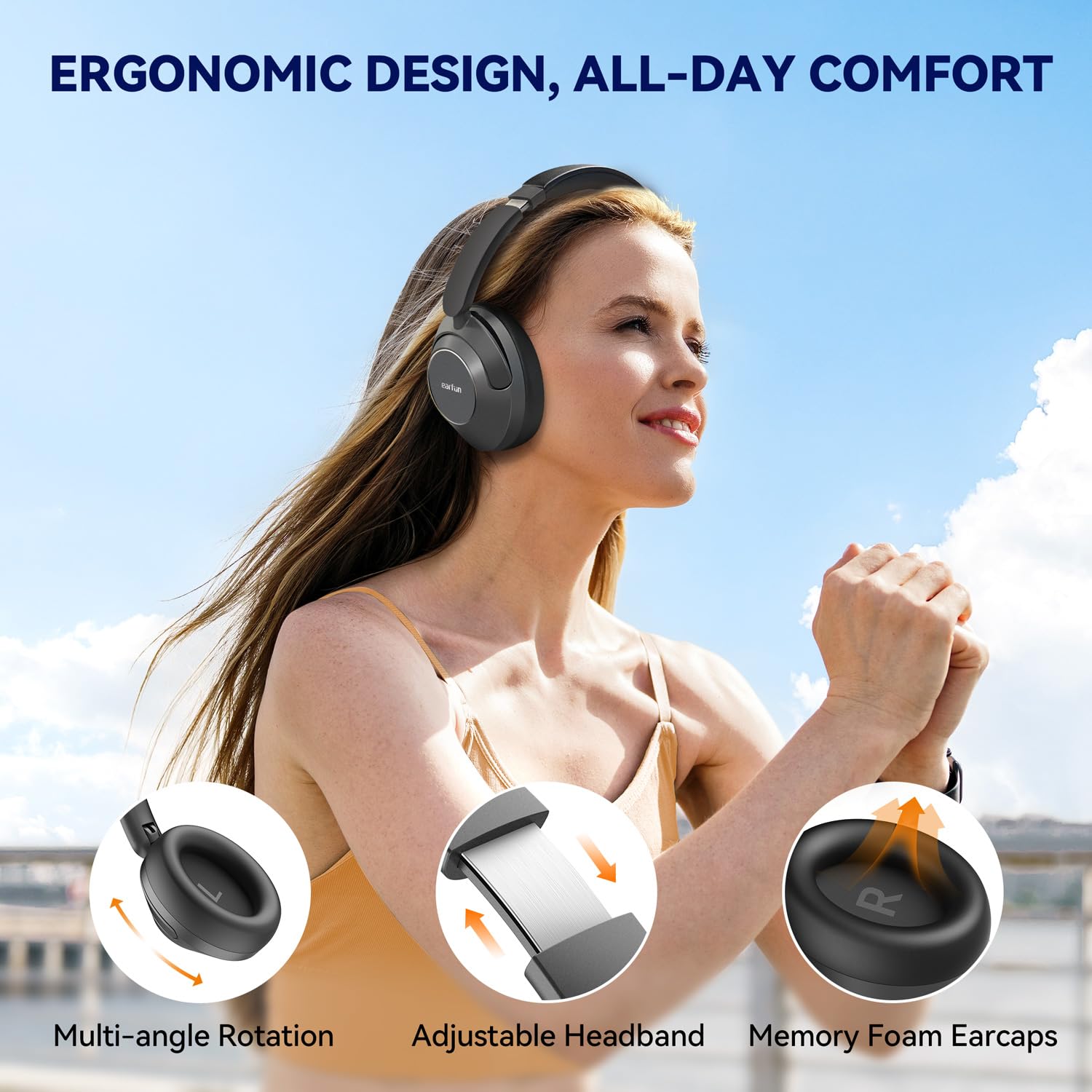 EarFun Wave Pro Hybrid Active Noise Cancelling Headphones, Wireless Over Ear Bluetooth Headphones, LDAC Hi-Res Audio, 80H Playtime, Comfortable Fit, 5-Mic Clear Calls, Multipoint Connection, EQ in APP