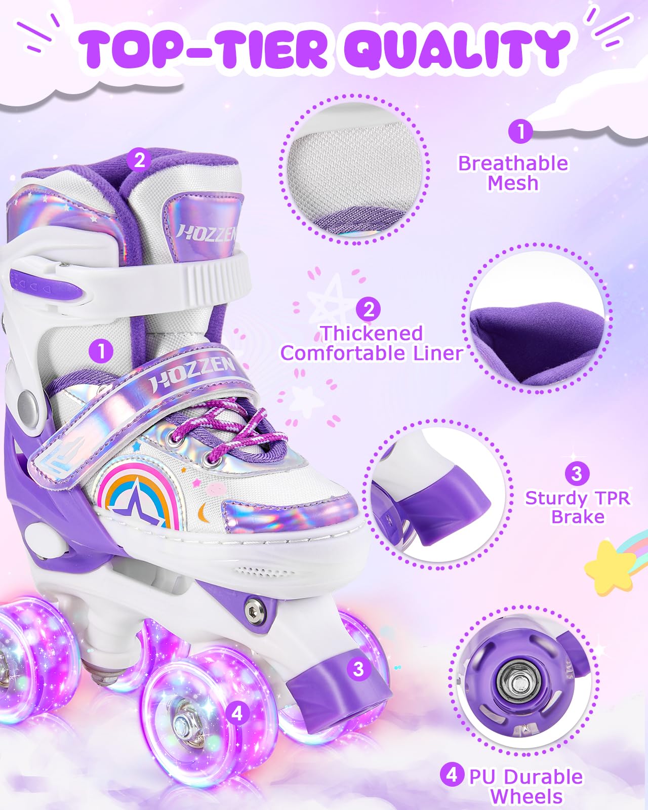 Hozzen Girls Roller Skates for Kids - 4 Size Adjustable Light Up Quad Skates for Girls - Rainbow Purple Shiny Illuminating Children Roller Skates for