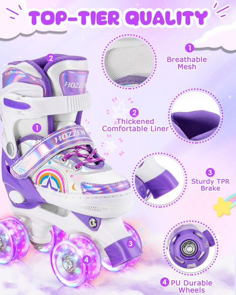 Hozzen Girls Roller Skates for Kids - 4 Size Adjustable Light Up Quad Skates for Girls - Rainbow Purple Shiny Illuminating Children Roller Skates for