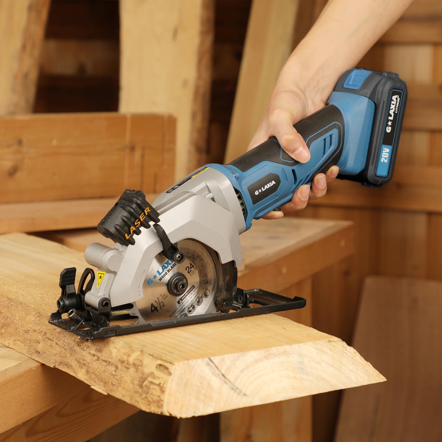 G LAXIA 20V Cordless Circular Saw, Mini Circular Saw 3400RPM, Compact Electric Lightweight Saw with Speed Trigger， Maximum Cutting Depth of 28MM (45°),42.8MM (90°) –2000mAh Battery and Charger