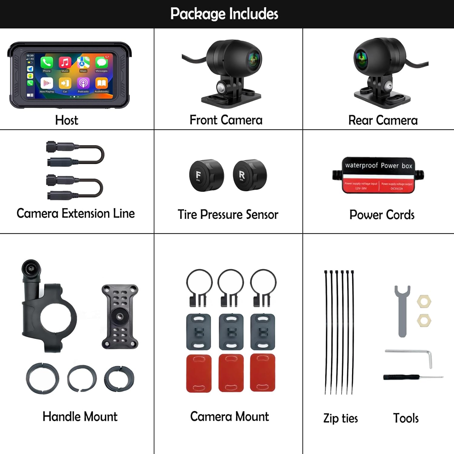 Waterproof Motorcycle Dash Cam with Wireless CarPlay & Android Auto, 5'' IPS Touch Screen, Front and Rear Camera HD 1080P, TPMS, Bluetooth, Wi-Fi, GPS, Max up to 256GB