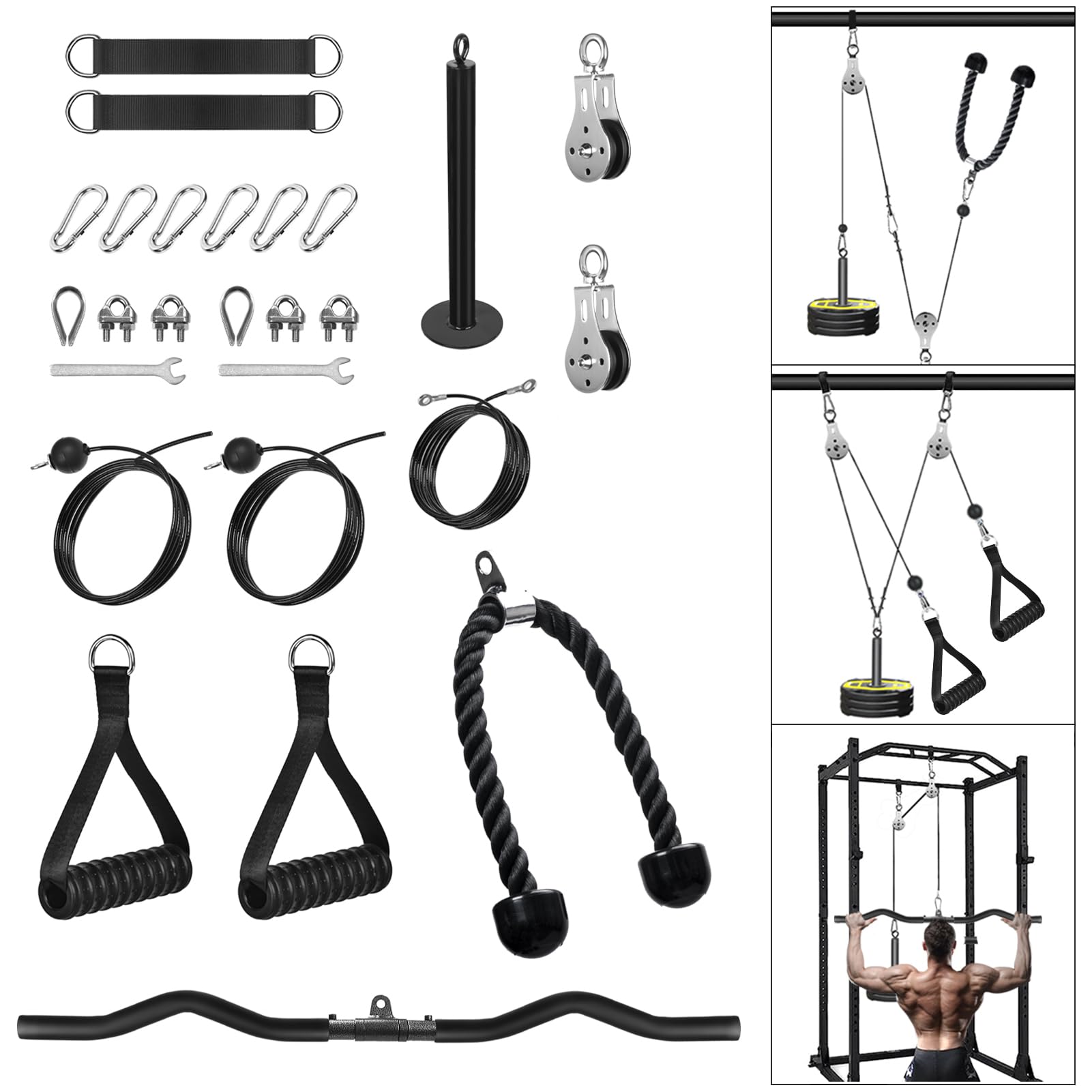 FASPUP Cable Pulley System Home Gym, Black Steel Cable Crossover Attachments for LAT Pull Down, Arm Workout