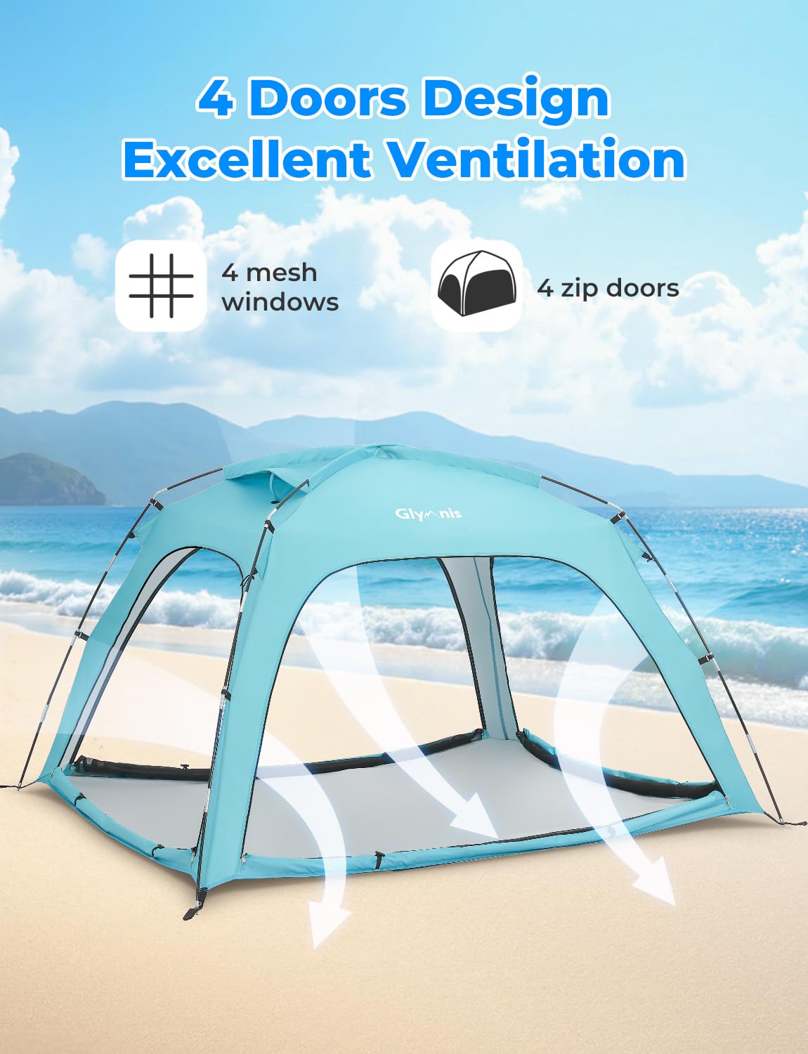Glymnis Beach Tent Large for 3-4 Person, Portable UV Protection Beach Sun Shelter for Adults, Lightweight Sun Shade Tent for Beach, Picnic, Fishing
