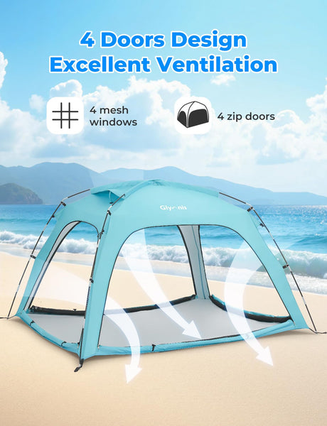 Glymnis Beach Tent Large for 3-4 Person, Portable UV Protection Beach Sun Shelter for Adults, Lightweight Sun Shade Tent for Beach, Picnic, Fishing