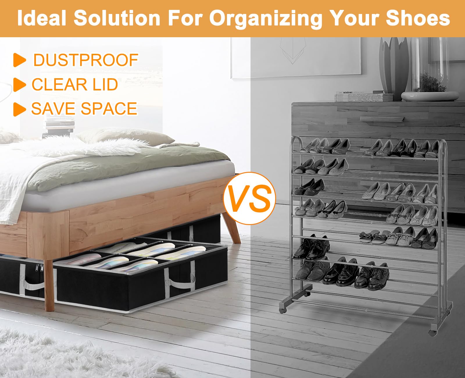 2 Pack Under Bed Shoe Storage Organiser, Fits 24 Pairs, Adjustable Velcro Underbed Shoe Box W/ Bottom & Side Support and Reinforced Handles, Foldable