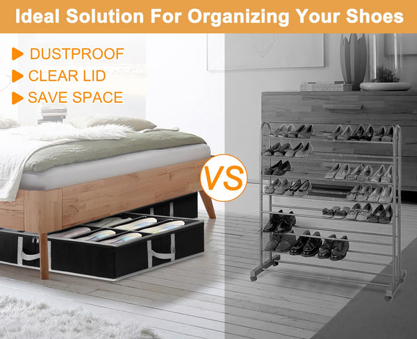 2 Pack Under Bed Shoe Storage Organiser, Fits 24 Pairs, Adjustable Velcro Underbed Shoe Box W/ Bottom & Side Support and Reinforced Handles, Foldable