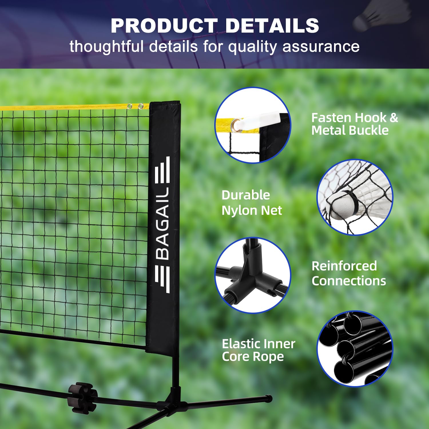 BAGAIL Badminton Net, Foldable Nylon Net, Hieght Adjustable Stand and Portable Carry Bag, Easy to Assemble or Disassemble, Ideal Recreational Sports Net for Tennis, Kids Badminton or Volleyball