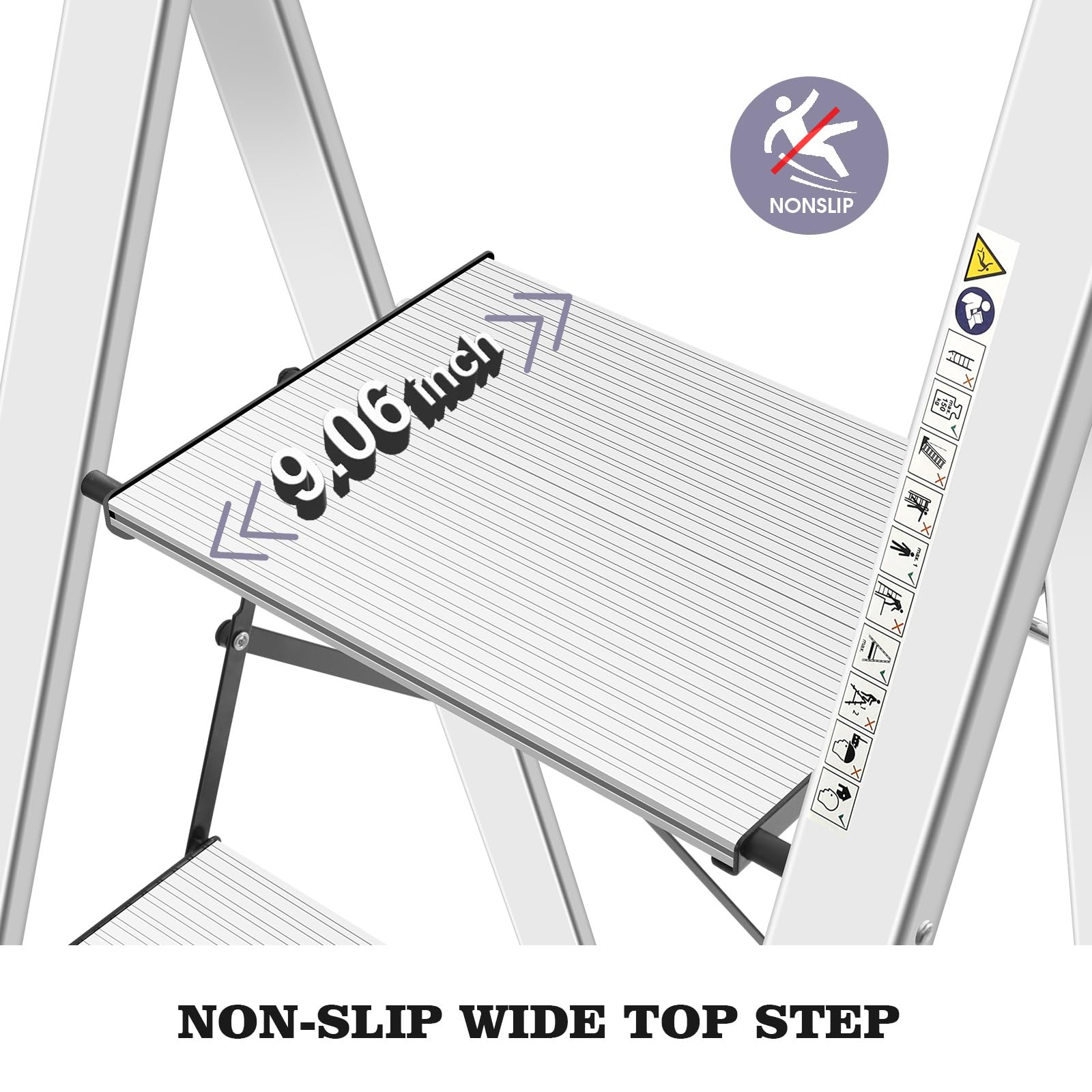 KINGRACK 2 Step Ladder with Handrail, Non-Slip Household Ladder with Folding Safety, Aluminium Folding Step Stool, Maximum Load 150 kg, Black