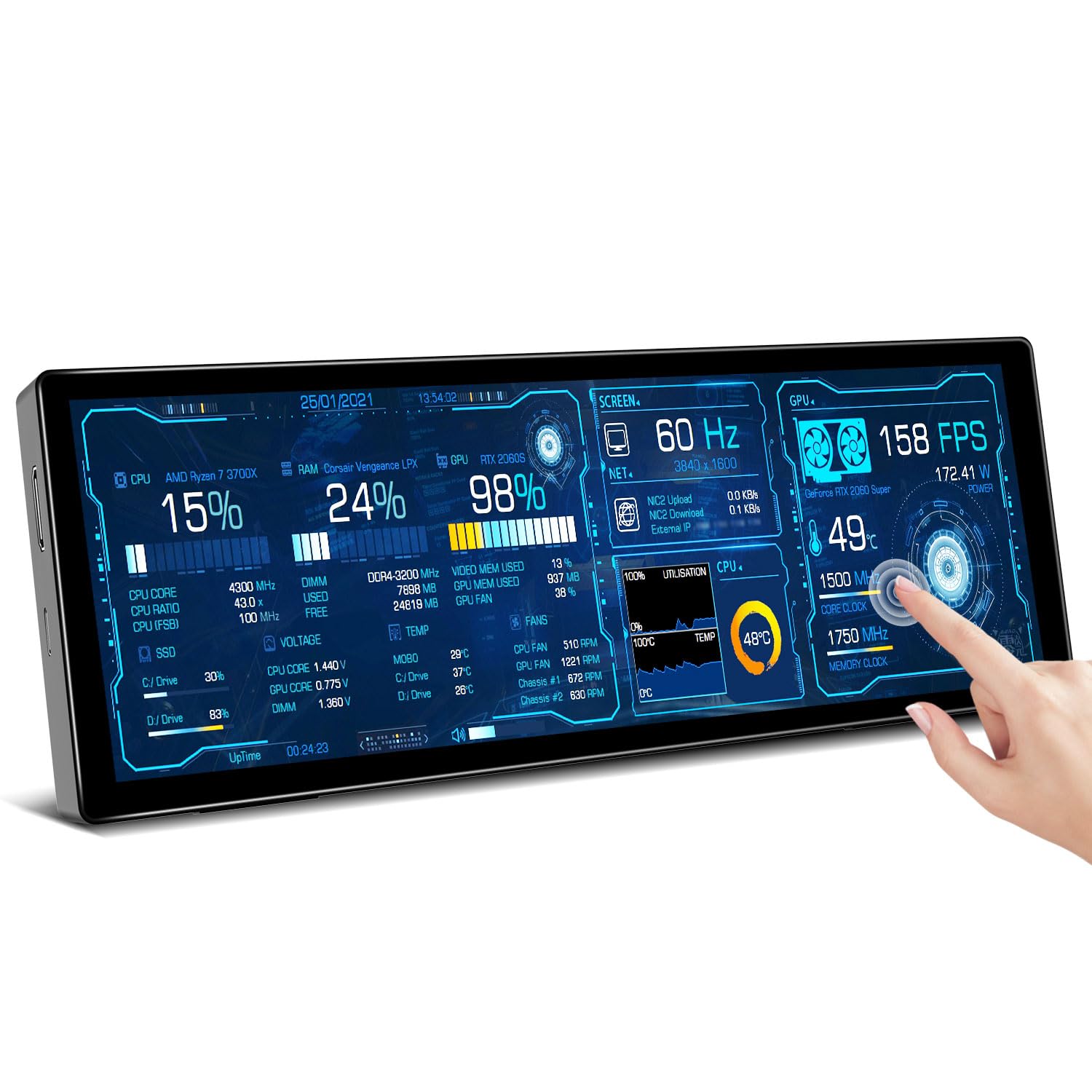 Ulrhzar Small Touchscreen Monitor 7.8inch 1280x400P 60Hz 300cd/m² Brightness for Raspberry Pi PC Laptop, Touch Screen Portable Monitor GPU CPU AIDA64 Monitoring